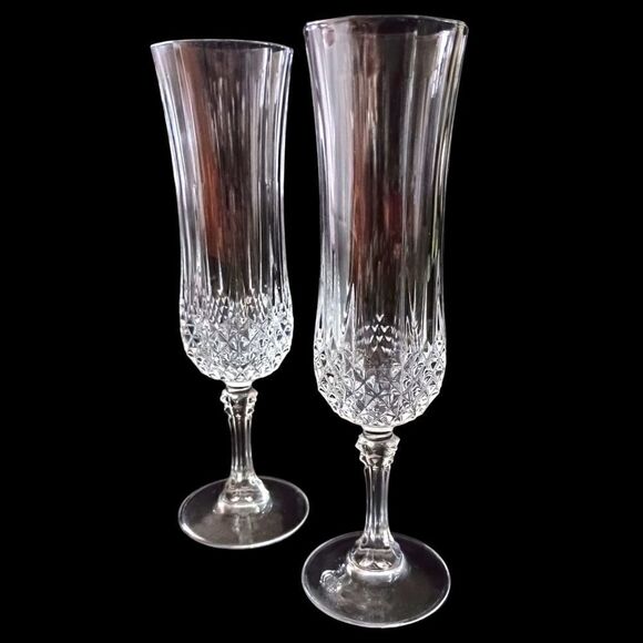 Cristal D Arques Longchamp Champagne Flutes Pair Diamax Crystal Clear France - Picture 12 of 16